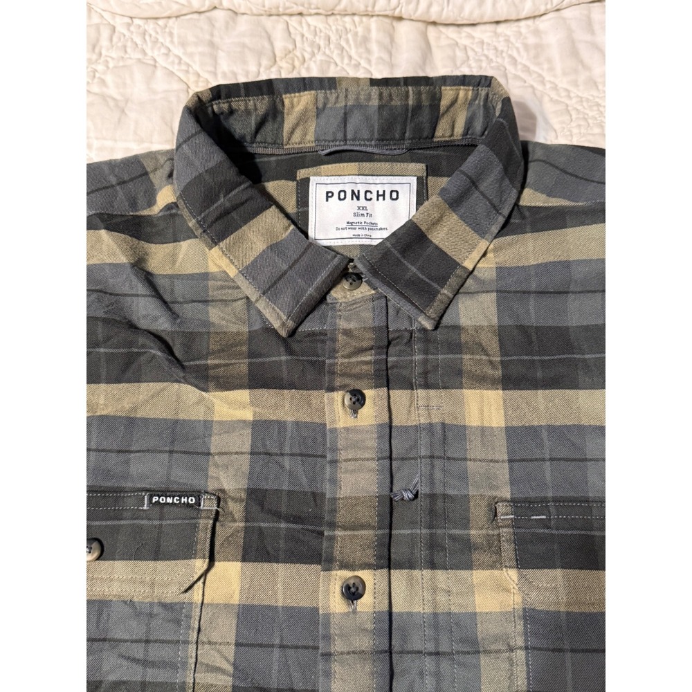 Poncho flannel Button Down Shirt Mens XXL Slim Fit Green Plaid Magnetic Pockets